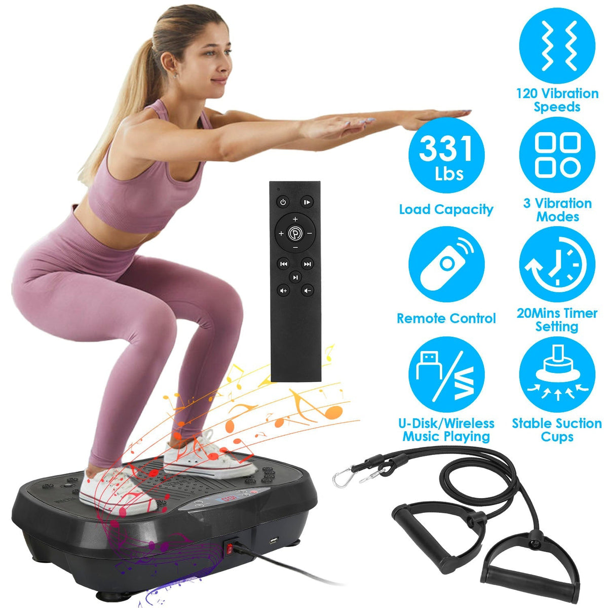 LJG Vibration Plate with Timer, Music Playback & Resistance Bands